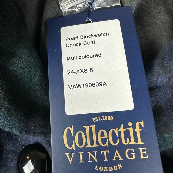 Collectif Vintage Pearl Blackwatch Check Coat Faux Fur Trim Plaid Green XXS NEW - Picture 4 of 6